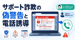 サポート詐欺の偽警告画面と電話誘導の手口