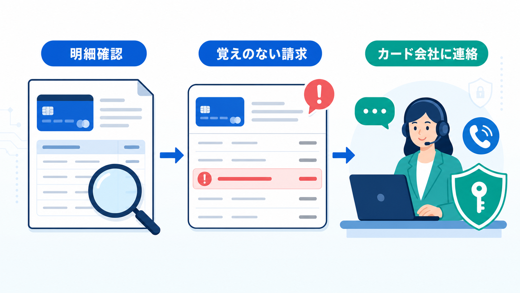不正利用に気づいたら、明細確認とカード会社への連絡を優先します。