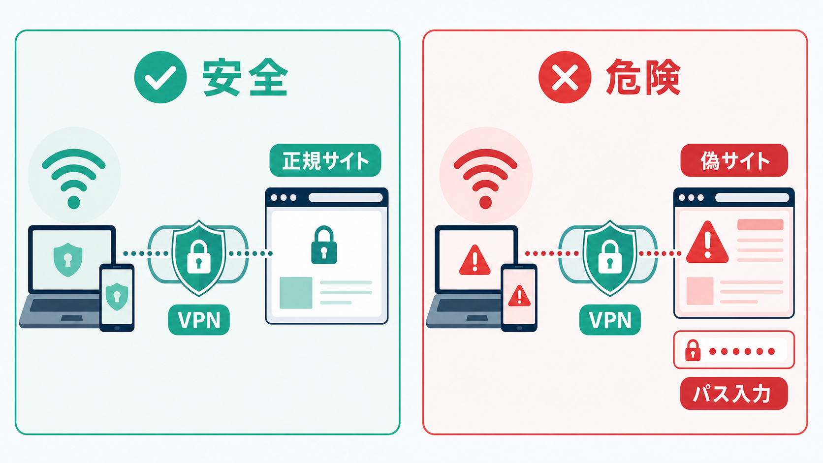 VPNは通信経路の対策であり、入力先の確認は別に必要です。